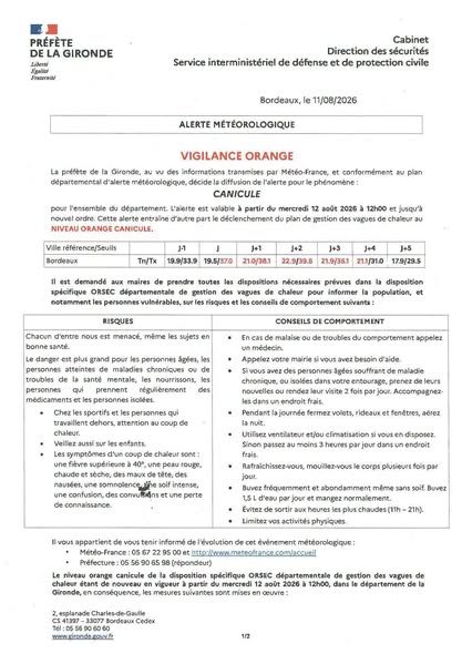 Vigilance ORANGE canicule à compter du 12/08/2026