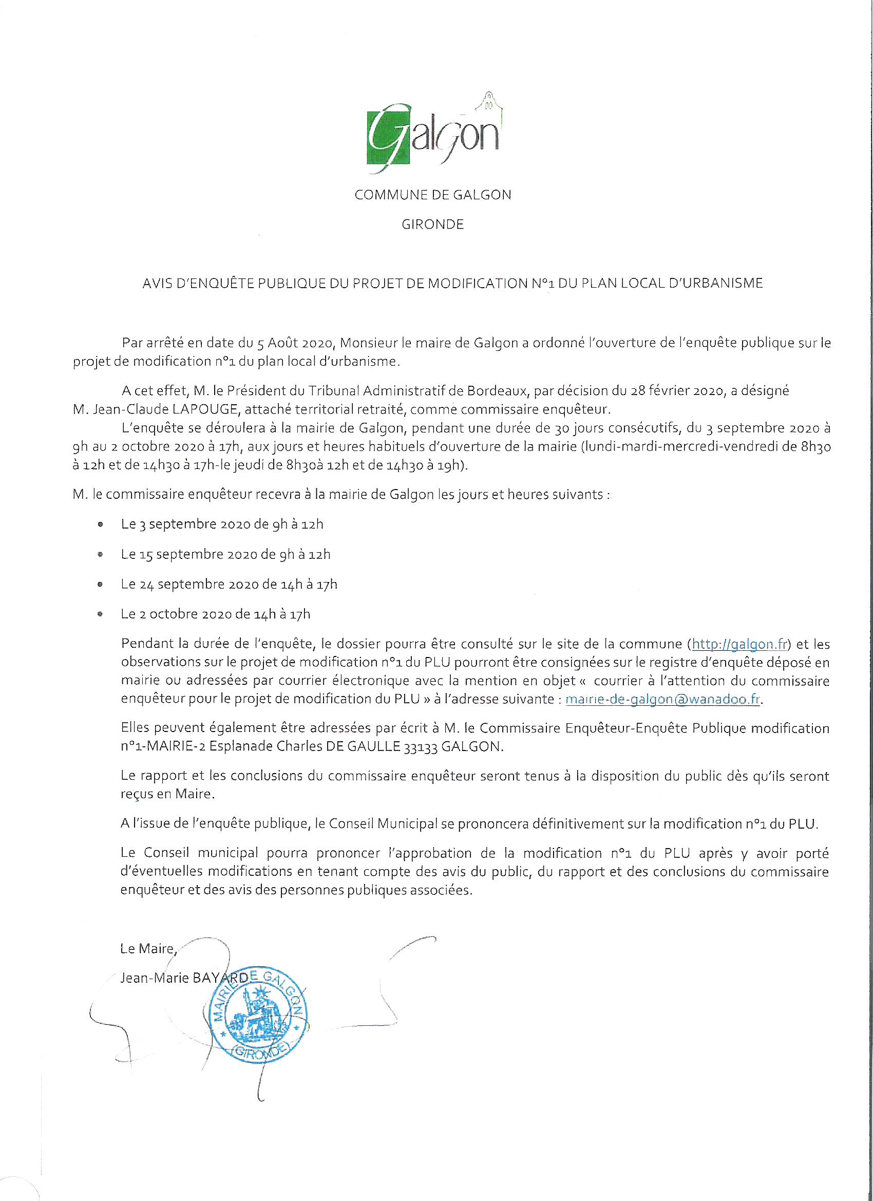 Avis d'enquete publique sur modification Plan Local d'Urbanisme Avis d'enquete publique sur modification Plan Local d'Urbanisme