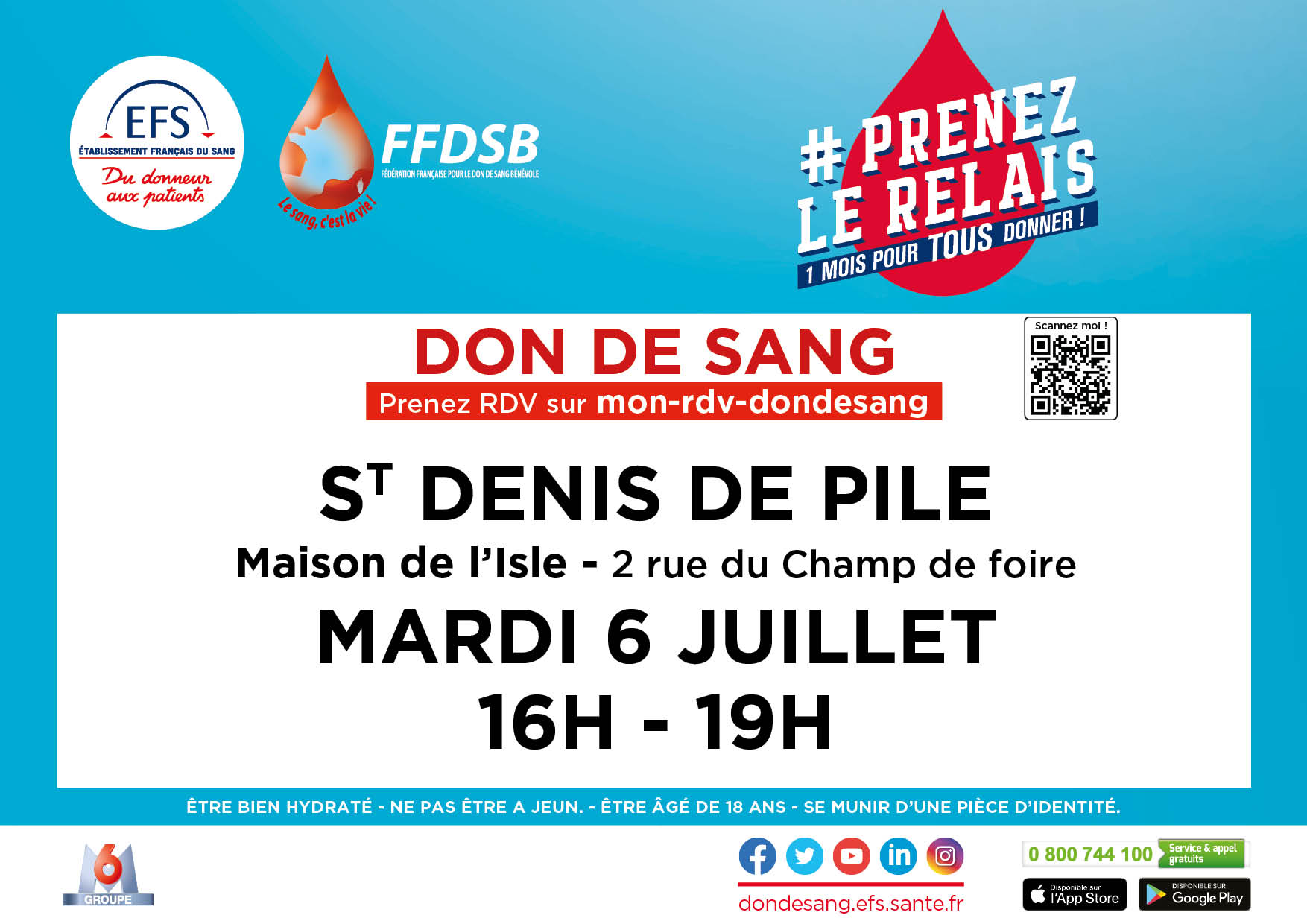 DON DU SANG sur St Denis de Pile sur rdv le 6 juillet