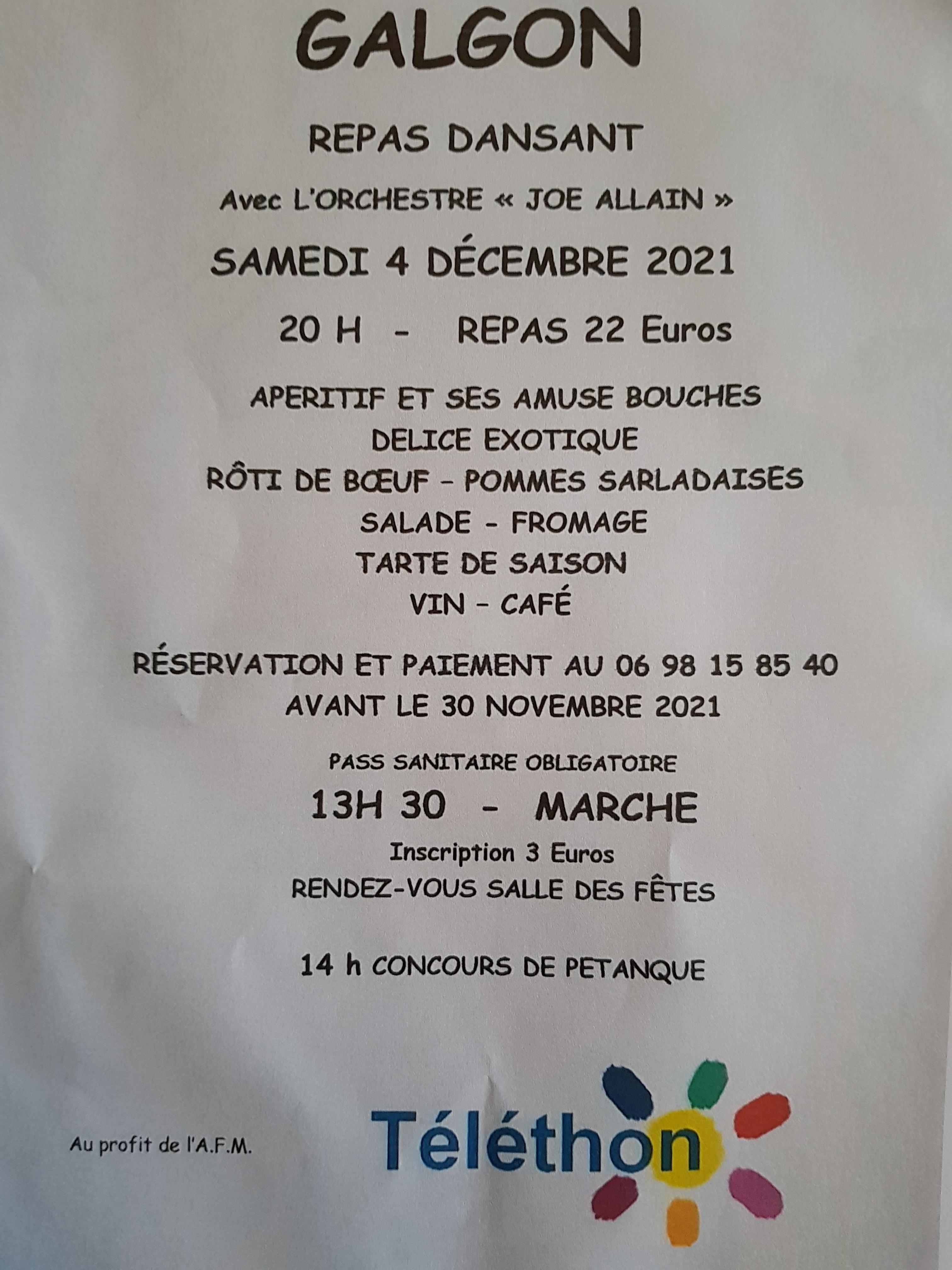 Repas du  Téléthon le 4 décembre 2021