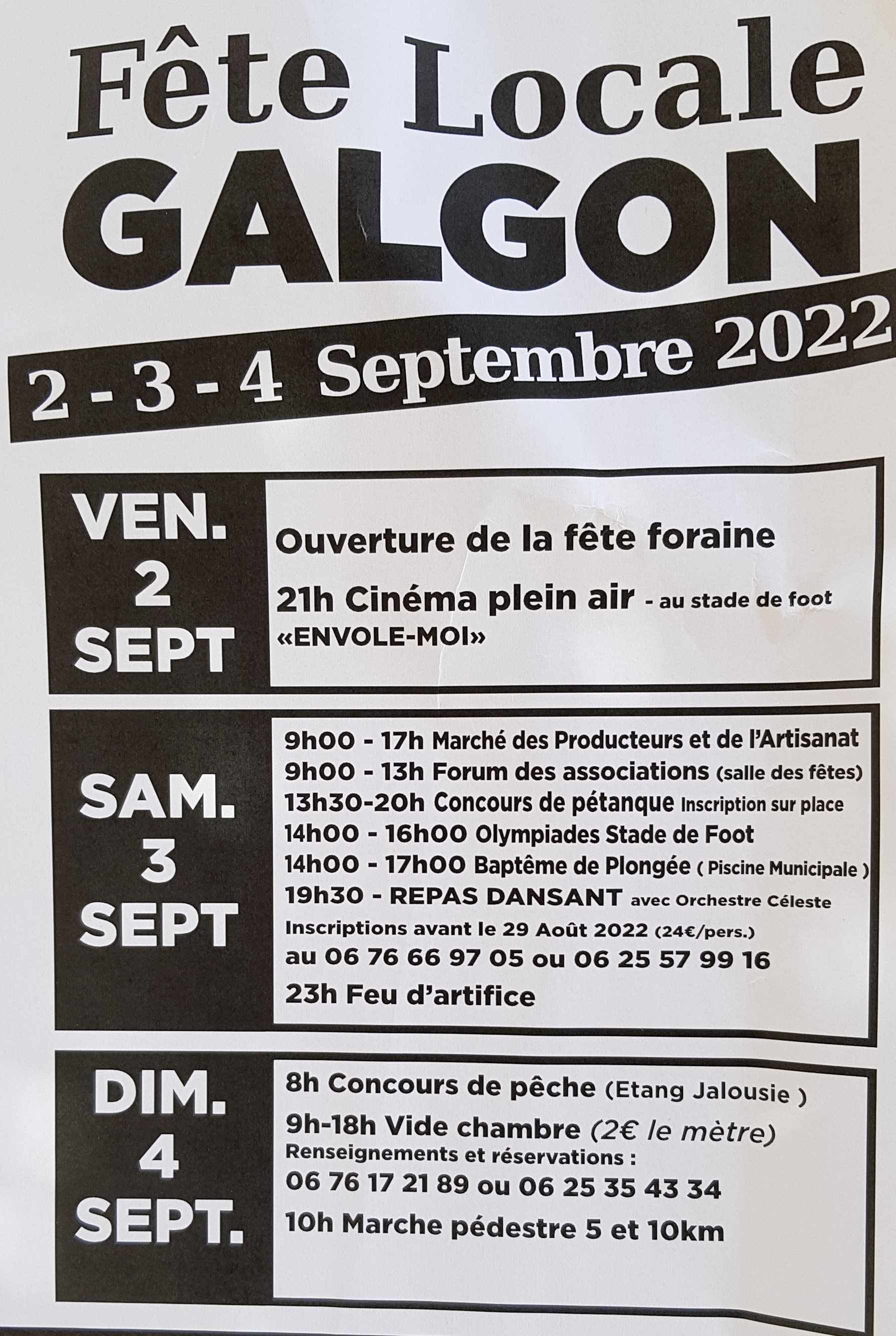 Fête Locale de Galgon les 2, 3 &4 septembre 2022