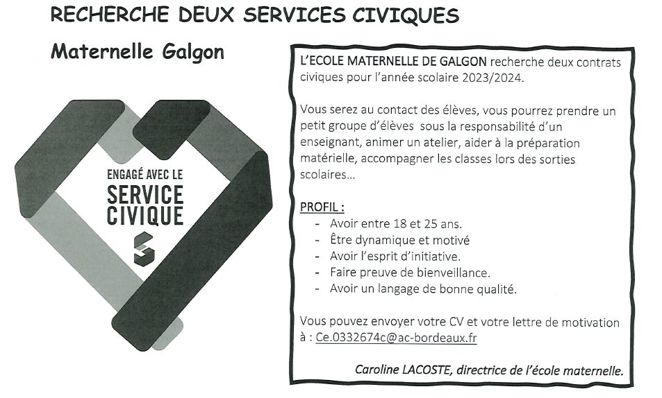L'école maternelle de GALGON recherche 2 services civiques