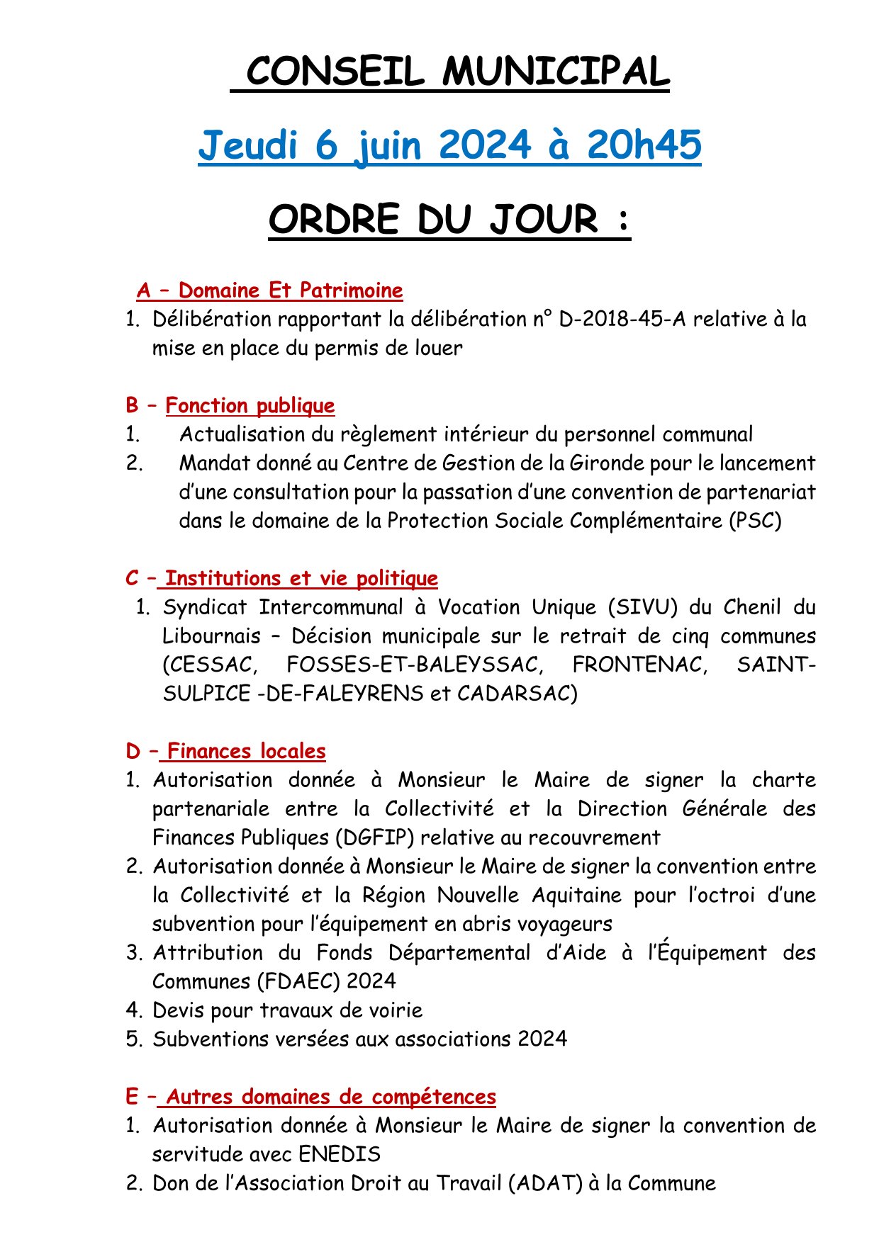 Ordre du jour du conseil municipal du jeudi 6 juin 2024