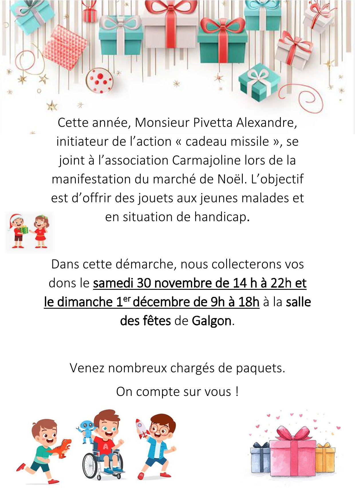 Action Missile collectera des cadaux pour les jeunes malades au marché de Noël de Galgon