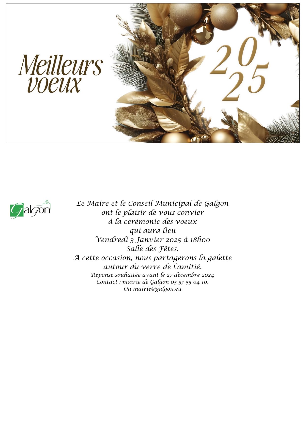 INVITATION aux voeux du maire le vendredi 3 janvier 2025 à 18h00