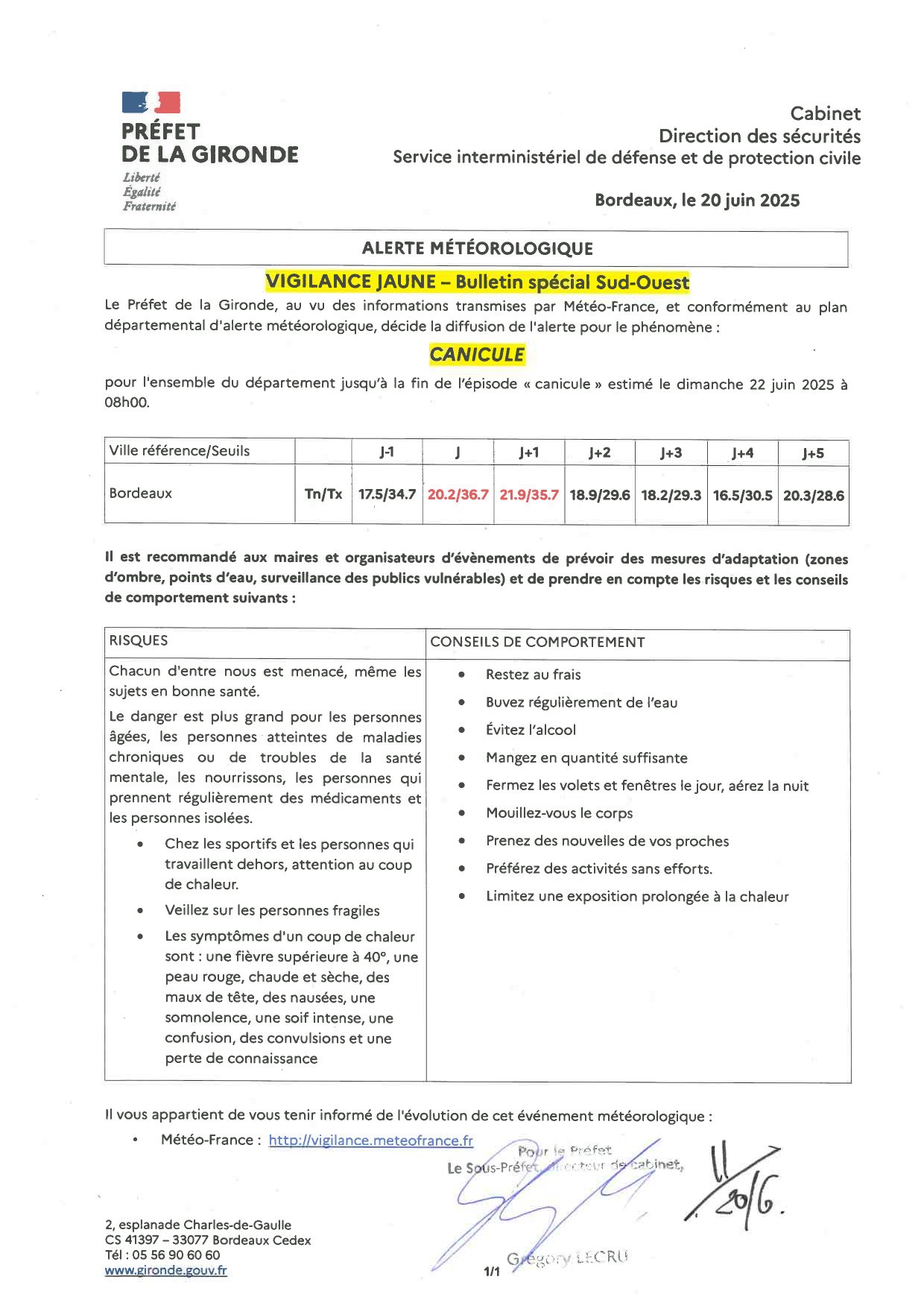 Vigilance JAUNE Canicule jusqu au dimanche 22 juin à 8h00