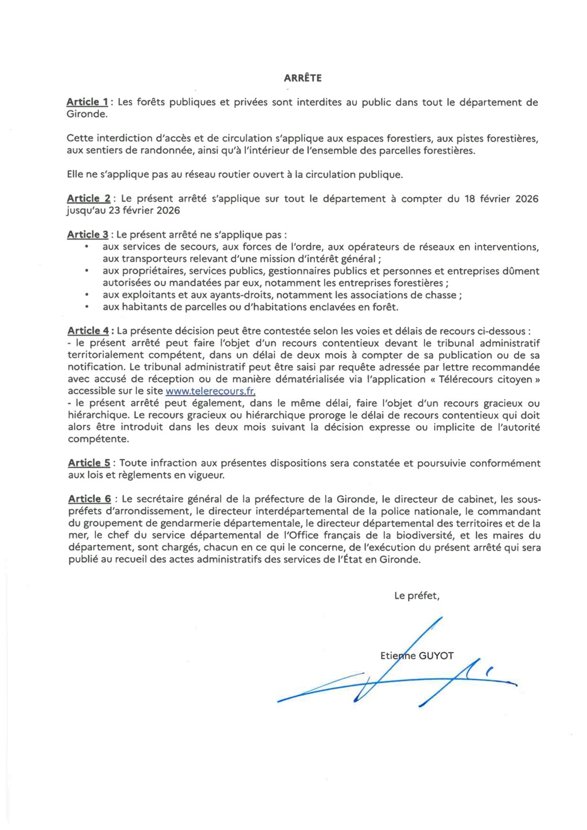 Arrêté préfectoral interdisant la fréquentation des massifs forestiers de gironde du 18/02 jusqu'au 23/02/26