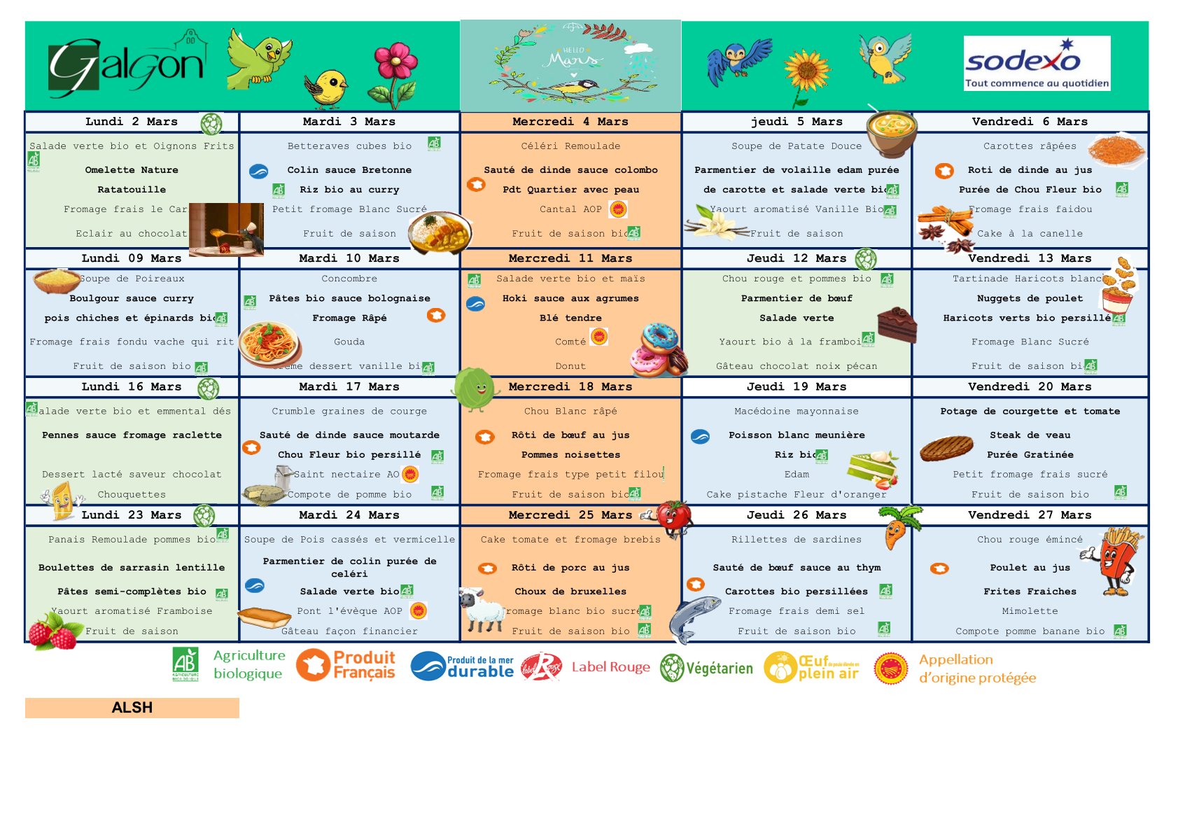 Menus du restaurant scolaire du mois de Mars 2026