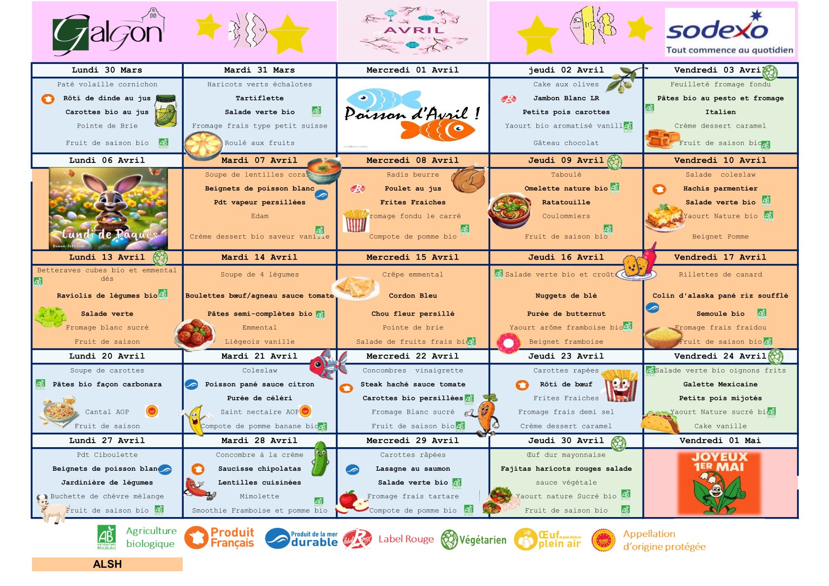 Menus du restaurant scolaire du mois d' Avril 2026