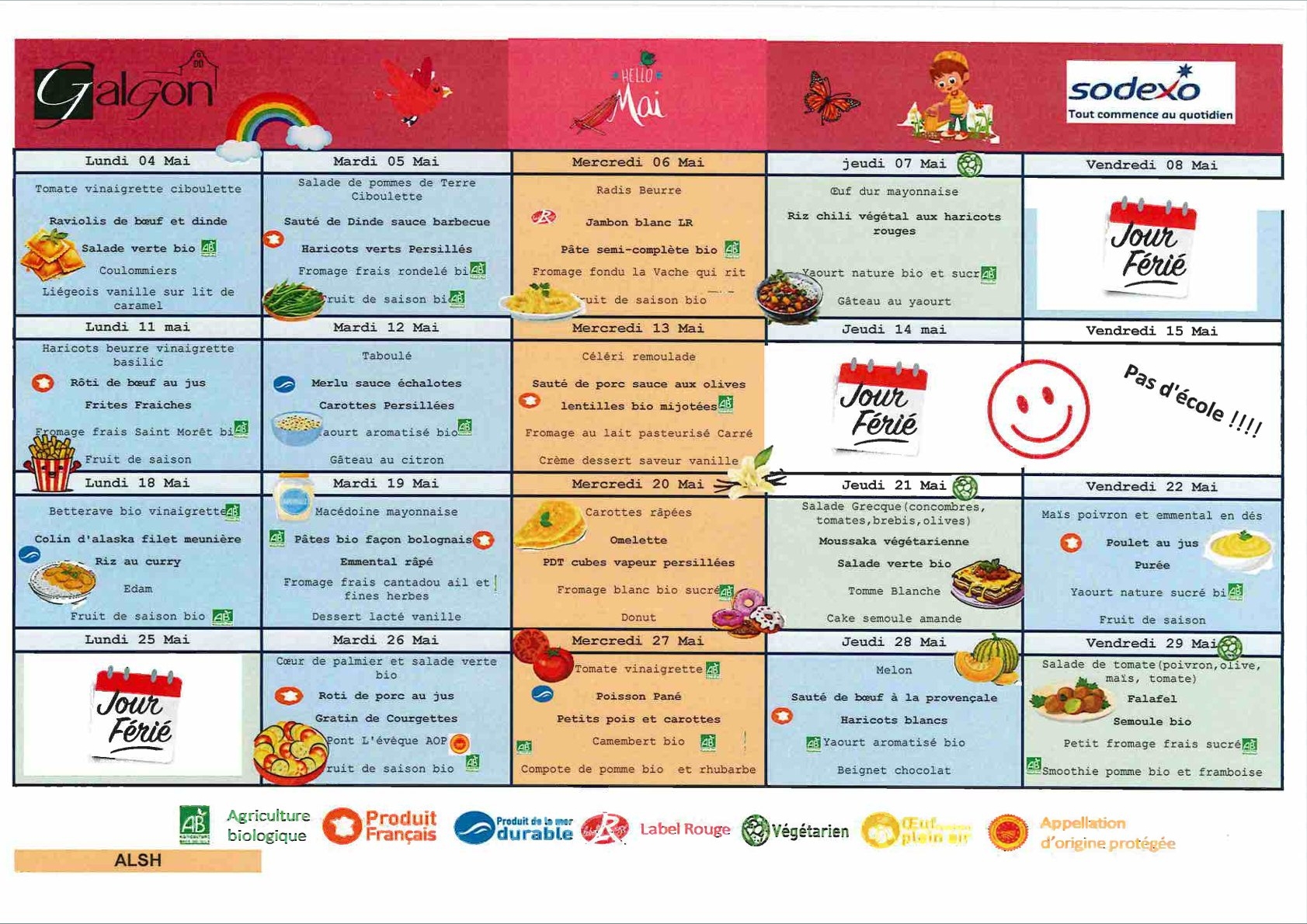 Menus du restaurant scolaire du mois de Mai 2026