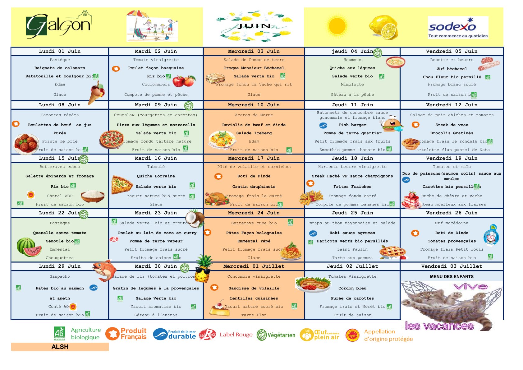 Menus du restaurant scolaire du mois de JUIN 2026