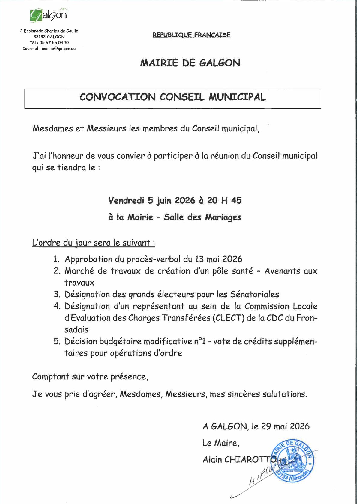 Prochain Conseil Municipal le vendredi 5 juin à 20h45- Ouvert au public