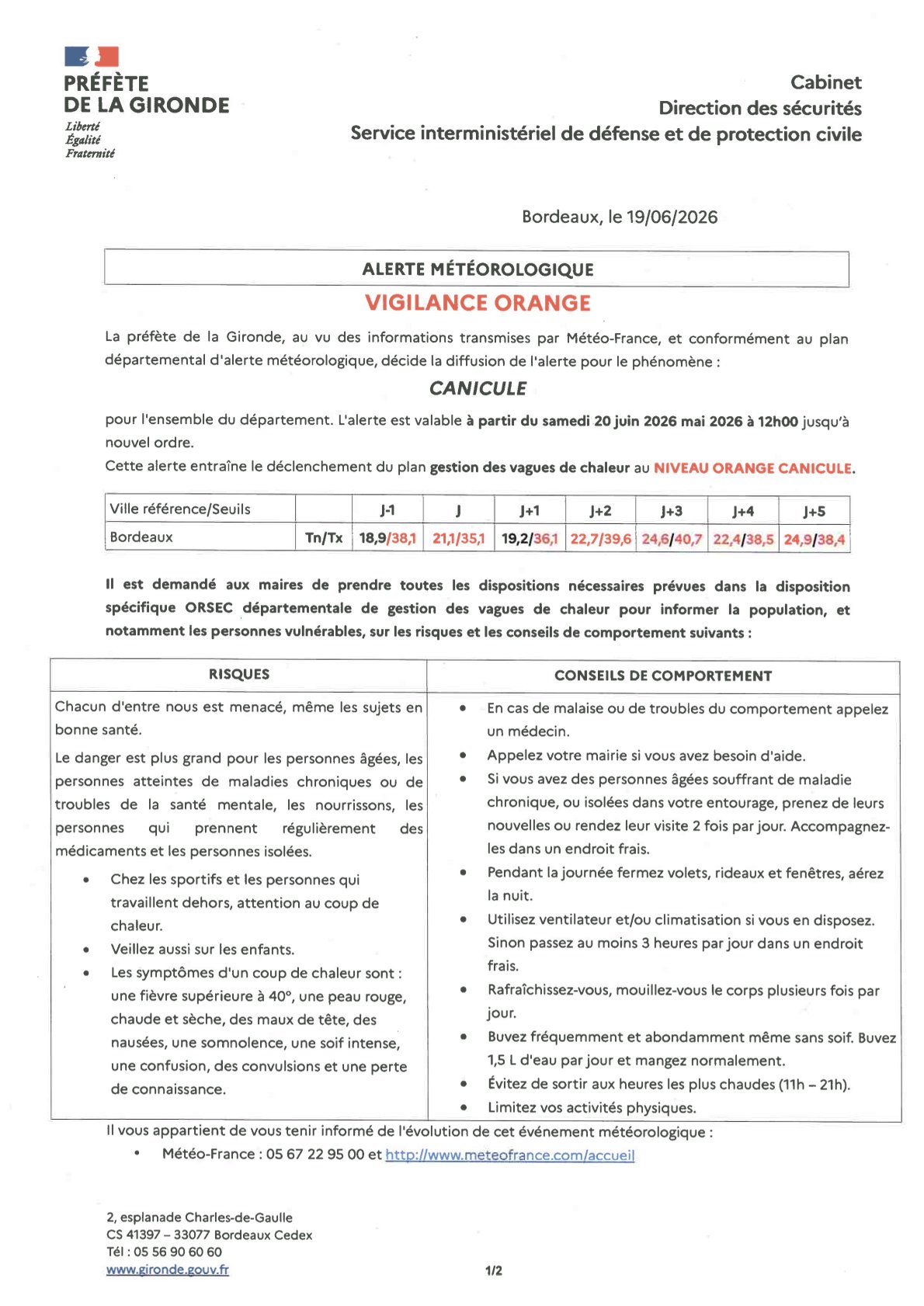 Alerte ORANGE canicule en GIRONDE à partir du samedi 20 juin 12h00