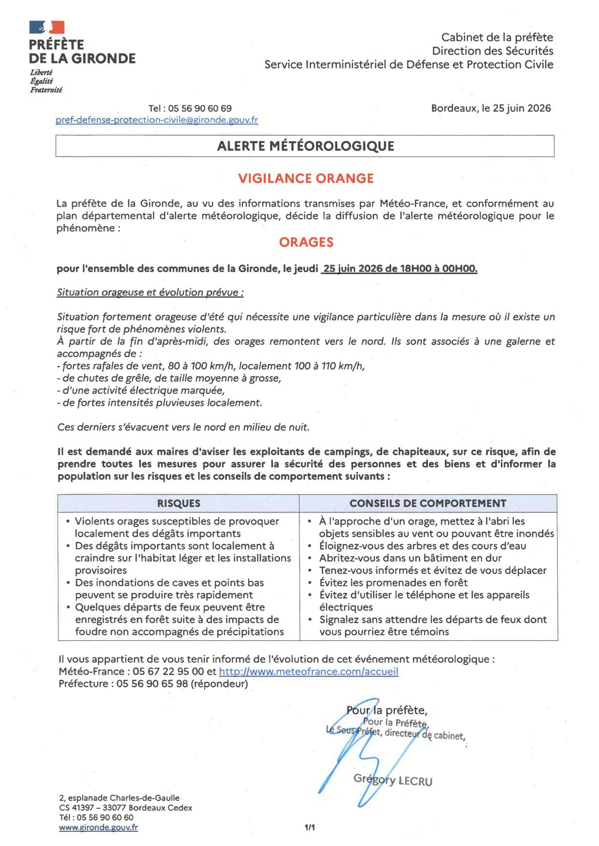 Alerte ORANGE aux Orages du 25/6/26 18h00 au 25/6/26 24h00