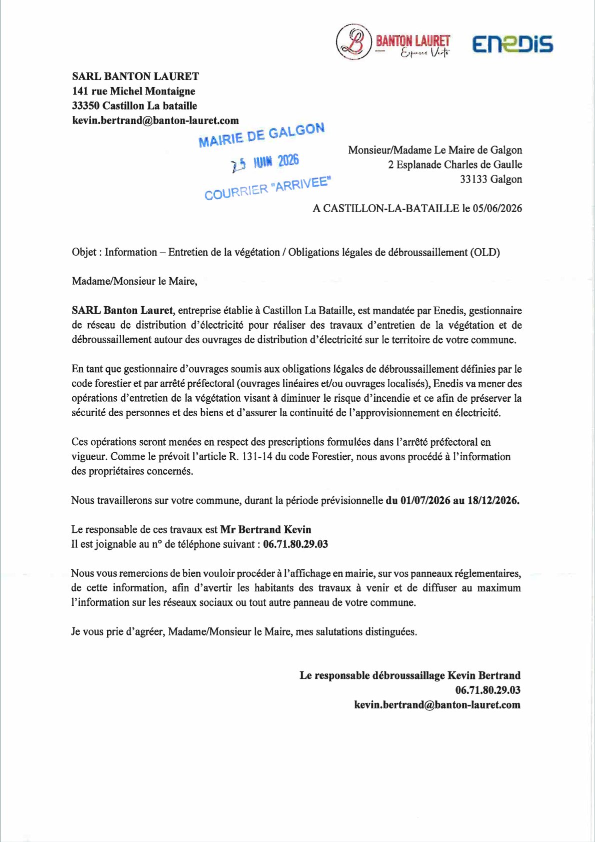 Travaux débroussaillement sous les lignes ENEDIS par l'entreprise BANTON LAURET du 1/7/26 au 18/12/26