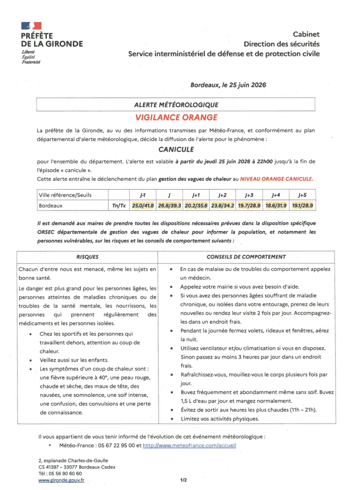 Vigilance ORANGE canicule à compter du 25/06/26 22h00