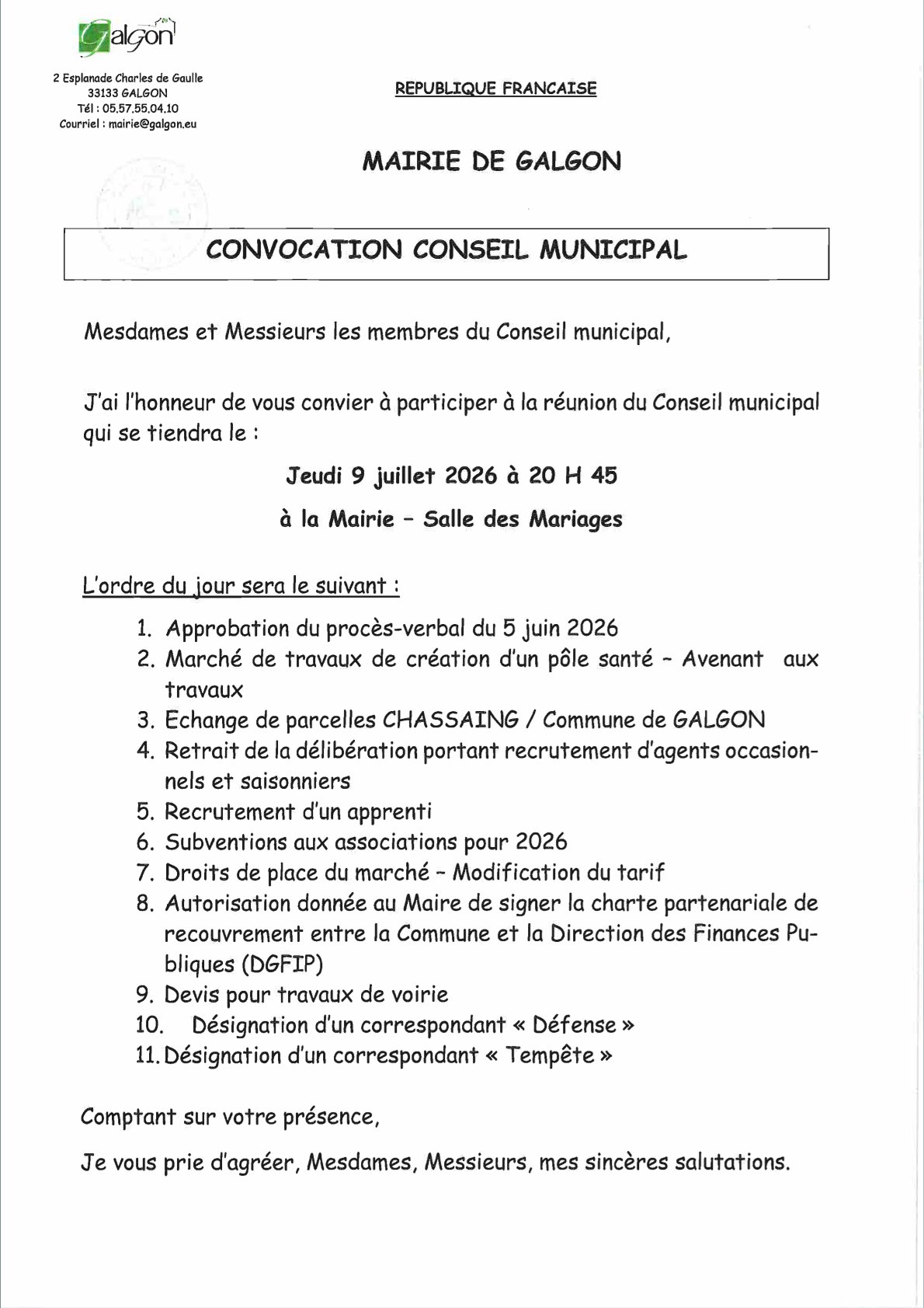 Prochain Conseil Municipal le jeudi 9 Juillet 2026