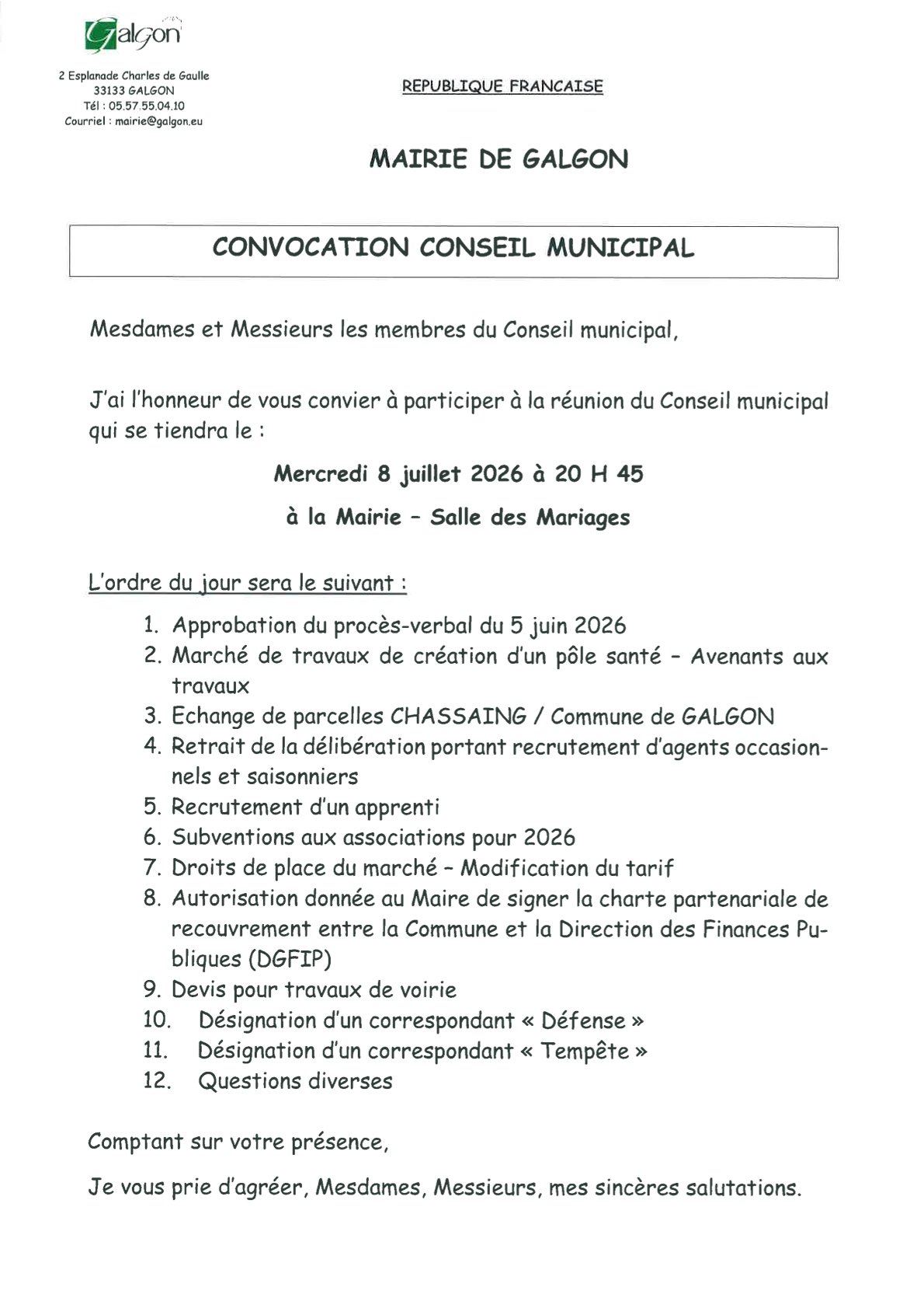 Prochain Conseil Municipal le mercredi 8 Juillet 2026