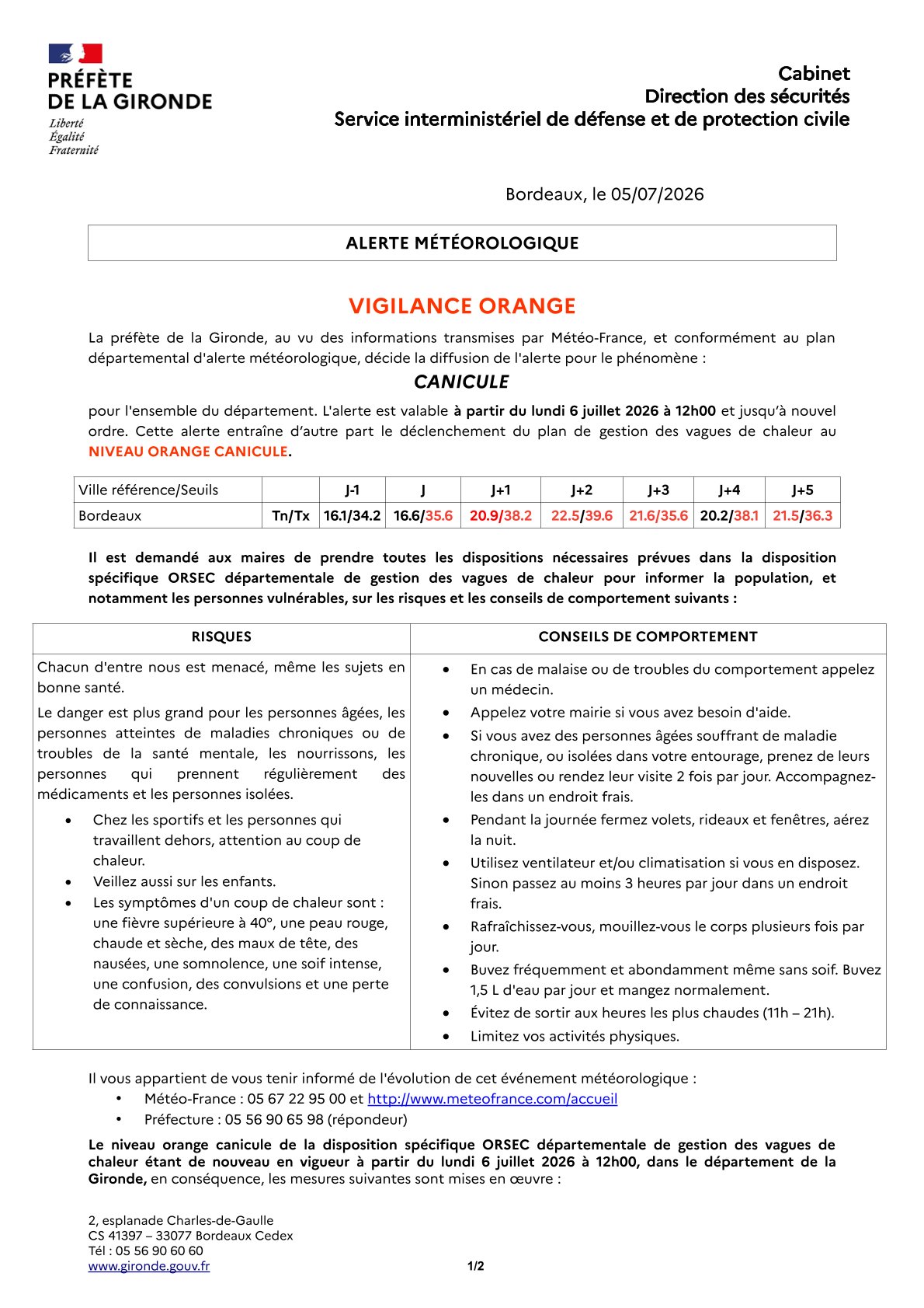 Alerte ORANGE canicule en GIRONDE à partir du 06juillet 12h00