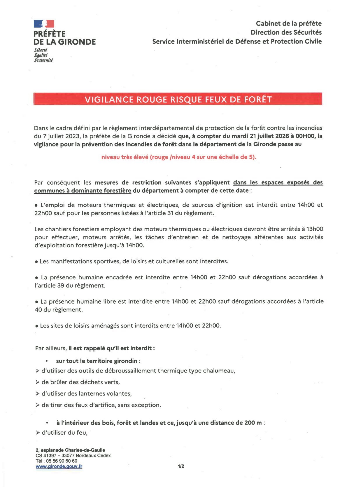 Vigilance ROUGE feux de forets à compter du 21 juillet 2026 00:00