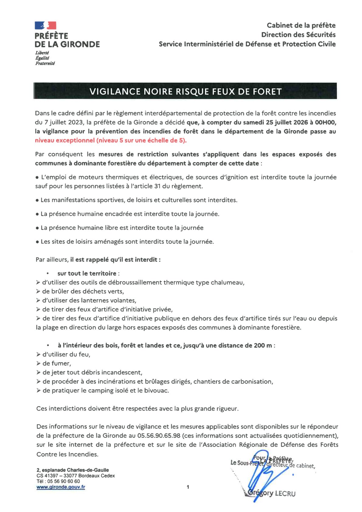 Vigilance NOIRE feux de forets en gironde à partir du 25 juillet 2026