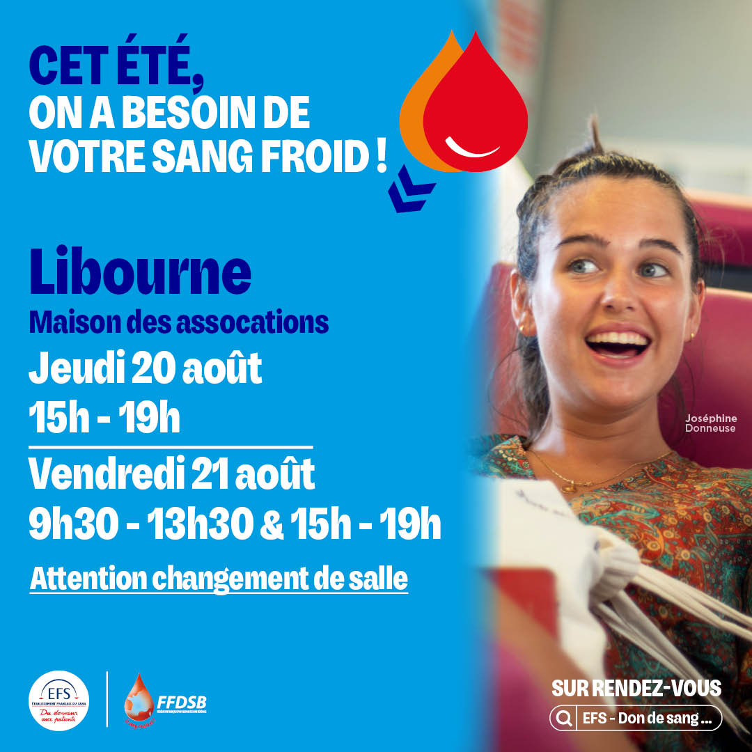 Don du sang Libourne les 20 & 21 Aout 2026