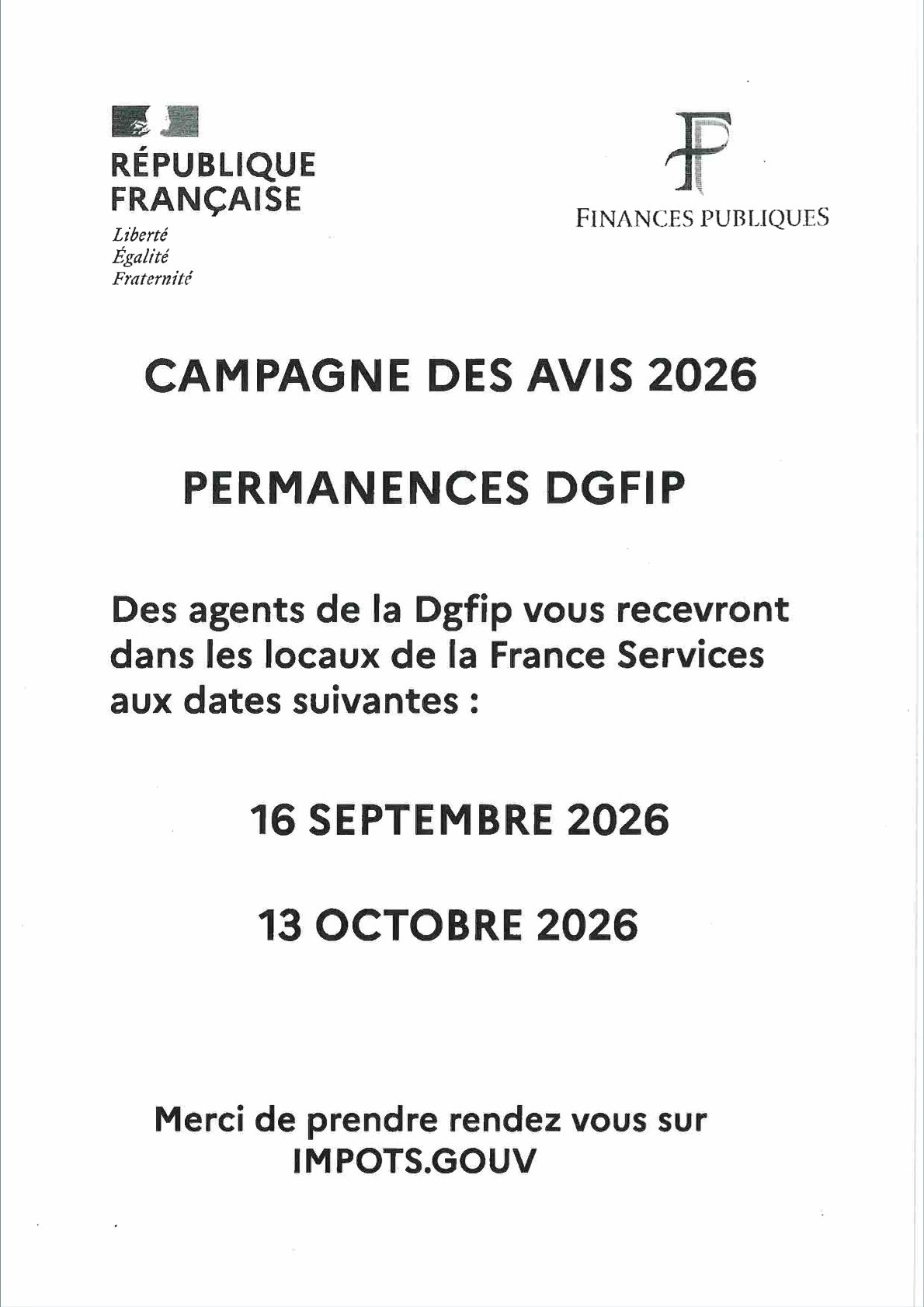 Permanence d'agents des impots à France Service GALGON les 16 septembre et 13 Octobre 2026