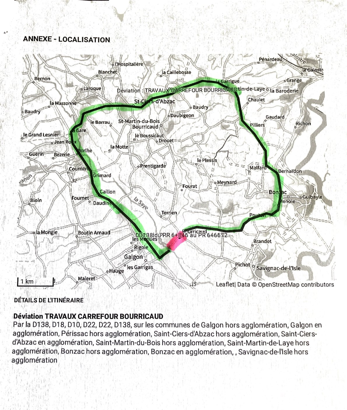 Déviation routiere pour 21 jours entre  le 1er septembre 8h00 et 27 novembre 2026 18h00 au carrefour de Bourricaud