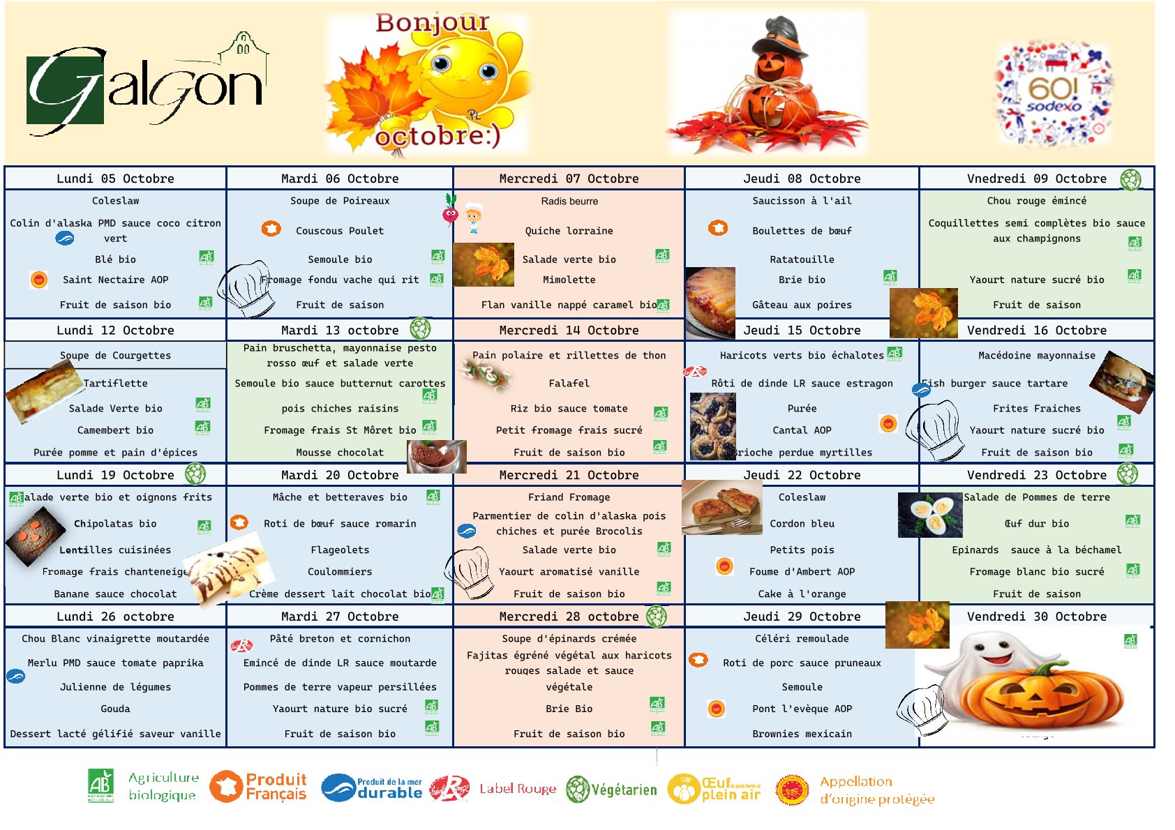 Menus du restaurant scolaire du mois d'octobre 2026