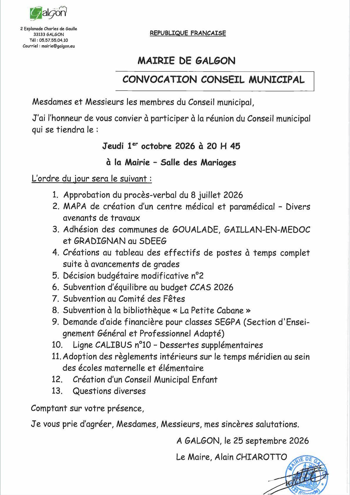 Conseil Municipal du 1er octobre 2026 à 20:45