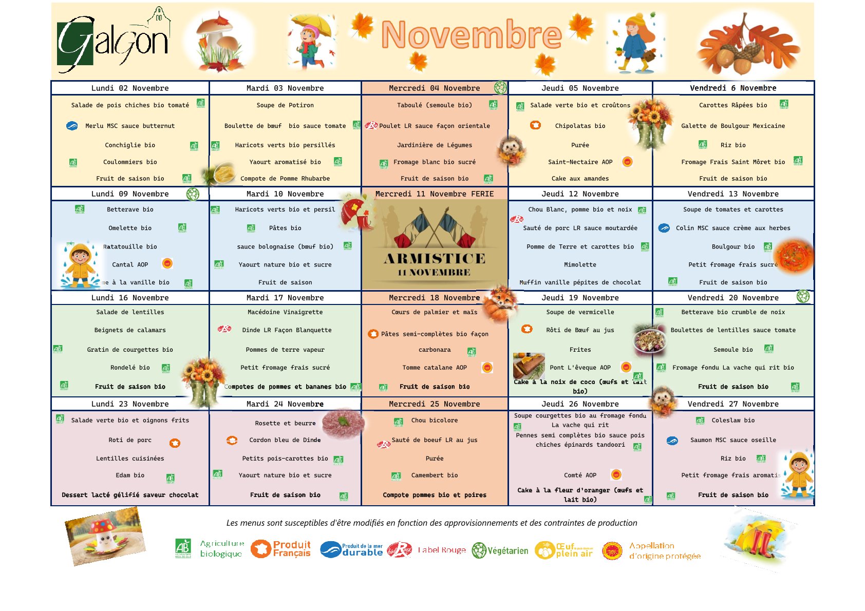 Menus du restaurant scolaire des mois de Novembre et Décembre 2026