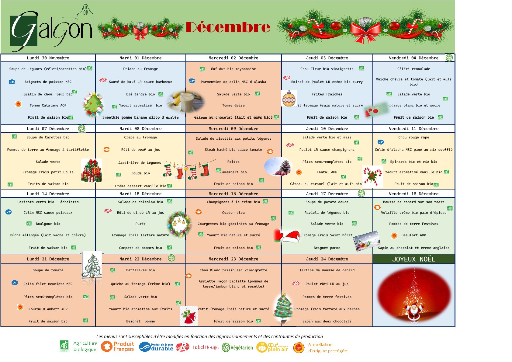 Menus du restaurant scolaire des mois de Novembre et Décembre 2026