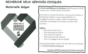 L'école maternelle de GALGON recherche 2 services civiques