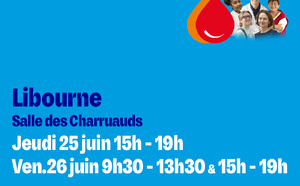 Don du sang LIBOURNE les 25 &amp; 26 juin salle des charruauds