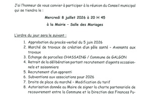 Prochain Conseil Municipal le mercredi 8 Juillet 2026