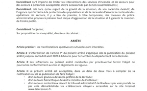 Arreté prefectoral interdisant toute manifestation sportive et culturelle jusqu'au 08 Aout 6:00 en GIRONDE