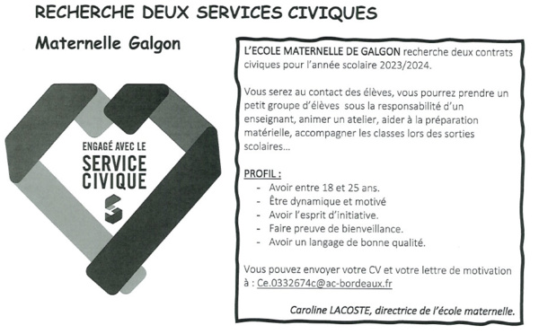 L'école maternelle de GALGON recherche 2 services civiques