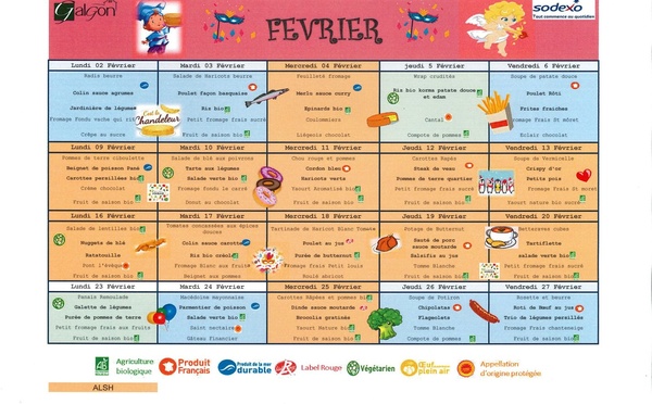 Menus du restaurant scolaire des mois de Février 2026