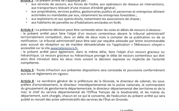 Arrêté préfectoral interdisant la fréquentation des massifs forestiers de gironde du 18/02 jusqu'au 23/02/26