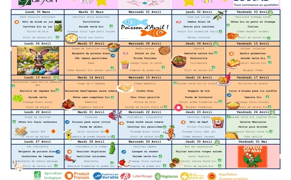 Menus du restaurant scolaire du mois d' Avril 2026
