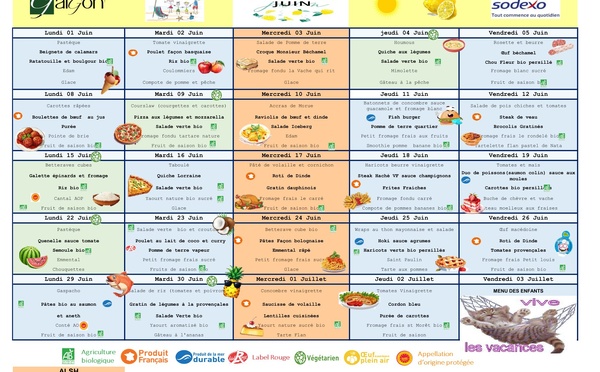 Menus du restaurant scolaire du mois de JUIN 2026