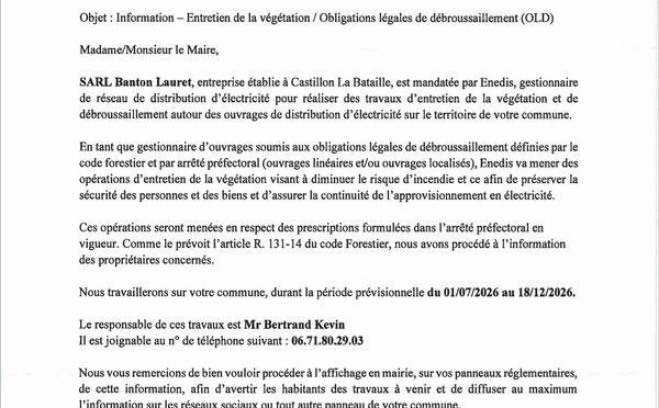 Travaux débroussaillement sous les lignes ENEDIS par l'entreprise BANTON LAURET du 1/7/26 au 18/12/26