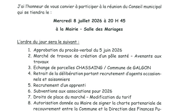 Prochain Conseil Municipal le mercredi 8 Juillet 2026