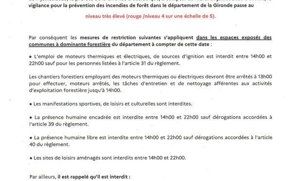 Vigilance ROUGE feux de forets à compter du 21 juillet 2026 00:00
