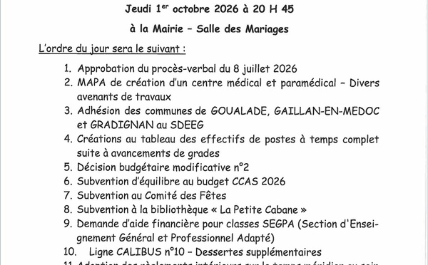 Conseil Municipal du 1er octobre 2026 à 20:45