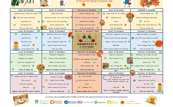 Menus du restaurant scolaire des mois de Novembre et Décembre 2026